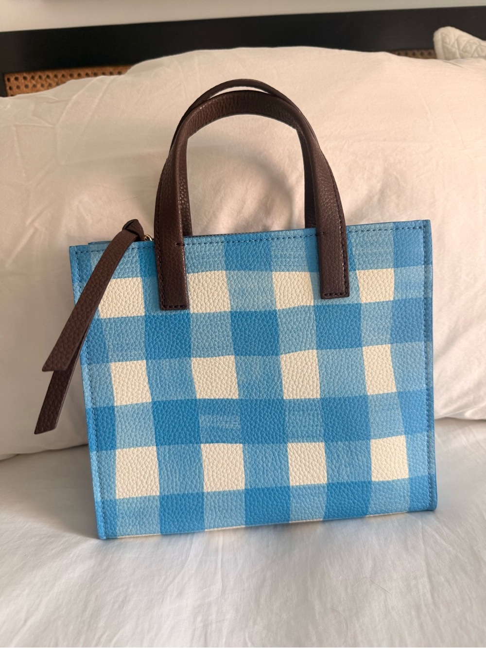 Marc Jacobs Blue and Cream Gingham Mini Tote with Brown Handles - Picture 2 of 6